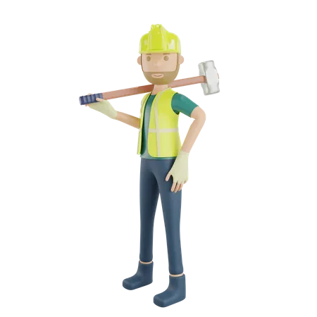 Travailleur de la construction portant un marteau  3D Illustration