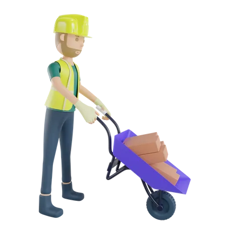 Ouvrier du bâtiment transportant des briques avec une brouette  3D Illustration
