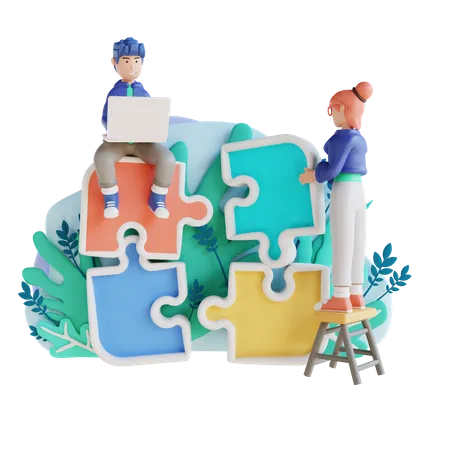 Homme et fille qui travaillent avec des puzzles  3D Illustration