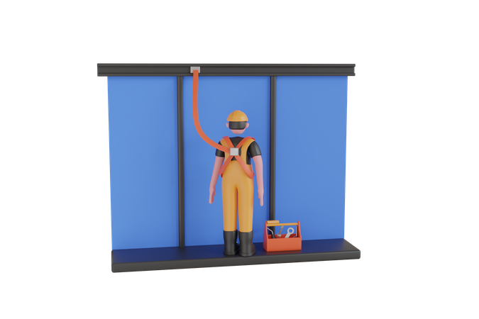 Un ouvrier industriel avec harnais de sécurité travaille en hauteur  3D Illustration