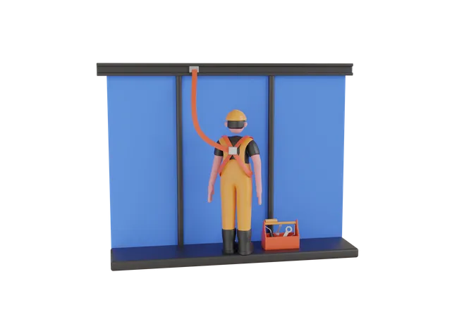 Un ouvrier industriel avec harnais de sécurité travaille en hauteur  3D Illustration
