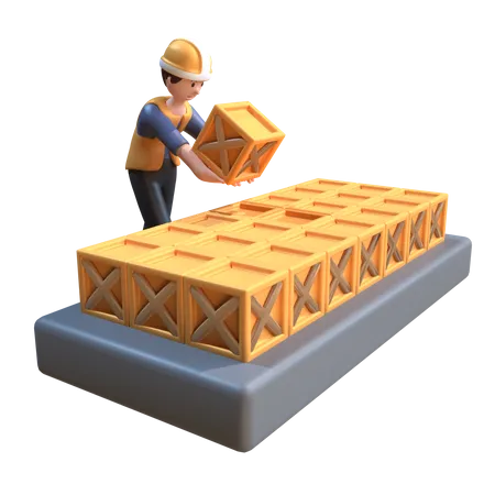 Ouvrier industriel posant des objets sur un support  3D Illustration