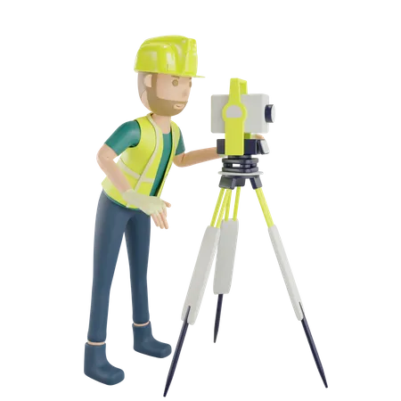 Travailleur mesurant avec des arpenteurs-géomètres  3D Illustration