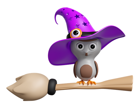 Owl On Broom  3D Icon