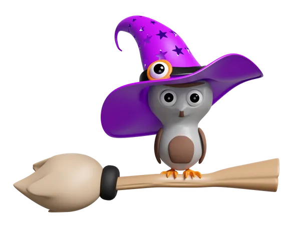 Owl On Broom  3D Icon