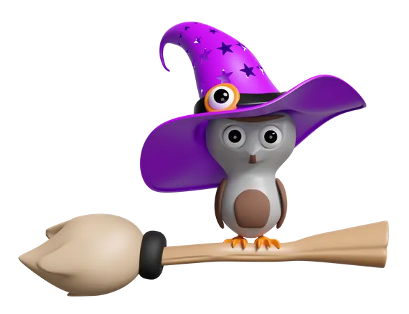 3 D Halloween Day Concept With Owl Flying Witch Hat Wand Isolated Holiday Party 3D Icon