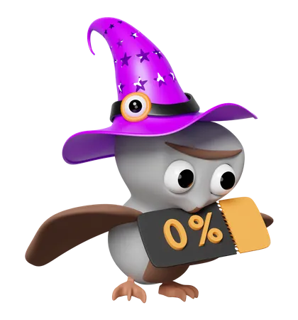 3 D Halloween Day With Flying Cute Owl Wearing A Witch Hat Holds A Discount Coupon Isolated Marketing Promotion Bonuses Concept 3D Icon