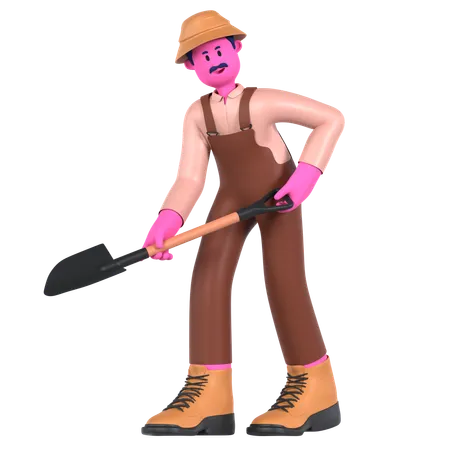 Agricultor masculino segurando uma pá  3D Illustration