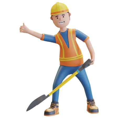 Trabalhador Da Construcao Civil Usa Capacete De Seguranca Amarelo E Colete Segurando Uma Pa Ilustracao De Renderizacao 3 D 3D Illustration