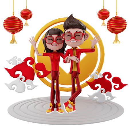 Paar feiert chinesisches Neujahr  3D Illustration