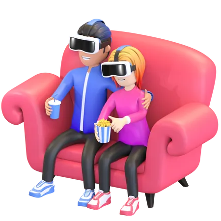 Paar Tragt Virtual Reality Headset Und Sieht Sich 3 D Rendering Von Filmillustrationen An 3D Illustration