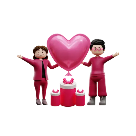 Paar mit Valentinstag Geschenk  3D Illustration