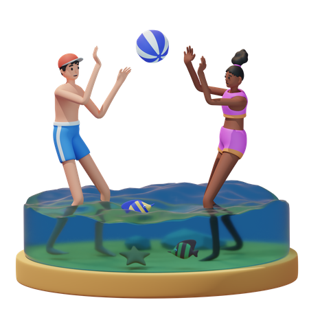 Paar spielt Ball am Strand  3D Illustration