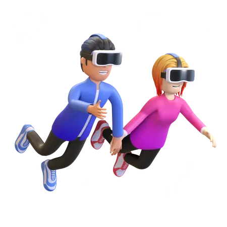 Paar Tragt Virtual Reality Headset Und Halt Sich In Metaverse Illustration 3 D Rendering An Den Handen 3D Illustration