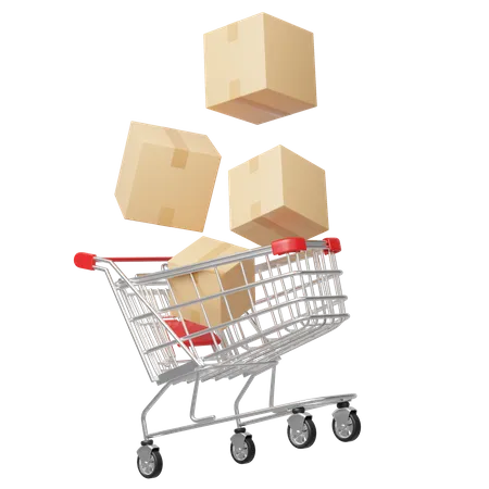 Brown Box Fell Into Shopping Cart Floating Isolated On Transparent 3 D Shop Trolley Realistic Marketing Online E Commerce Store App Concept Business Cartoon Style Concept 3 D Icon Rendering 3D Icon