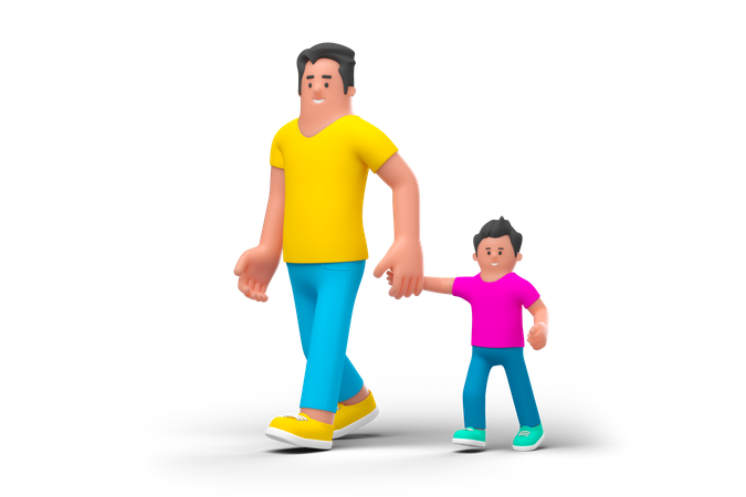 Padre caminando con hijo  3D Illustration