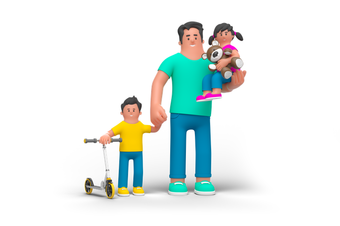Padre caminando con niños  3D Illustration