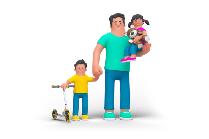 Padre caminando con niños  3D Illustration