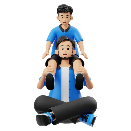 Padre cargando al niño sobre su espalda  3D Illustration