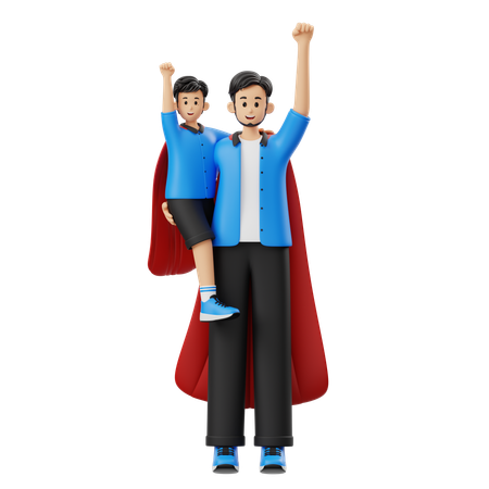 Padre e figlio indossano costumi di Superman  3D Illustration