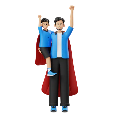 Padre e figlio indossano costumi di Superman  3D Illustration