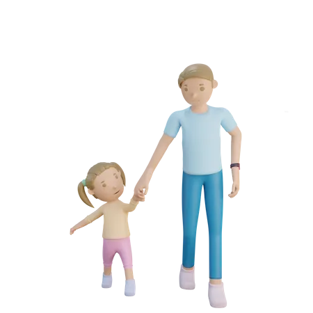 Padre e hija caminando juntos  3D Illustration