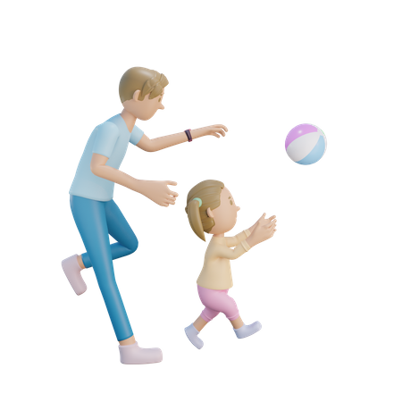 Padre e hija persiguiendo la pelota.  3D Illustration