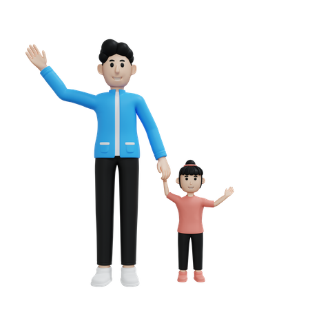 Padre e hija saludan  3D Illustration