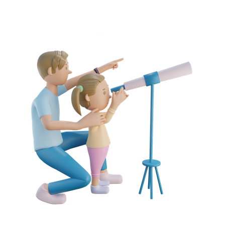 Padre e hija usando telescopio  3D Illustration