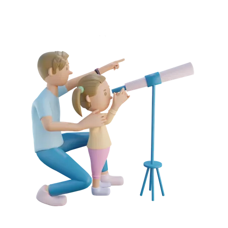 Padre e hija usando telescopio  3D Illustration