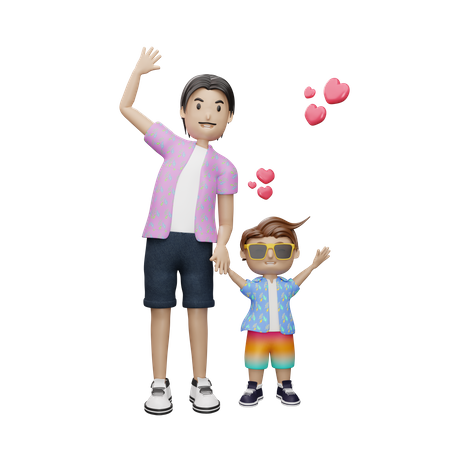 Padre e hijo agitando las manos  3D Icon
