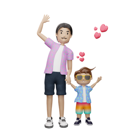 Padre e hijo agitando las manos  3D Illustration
