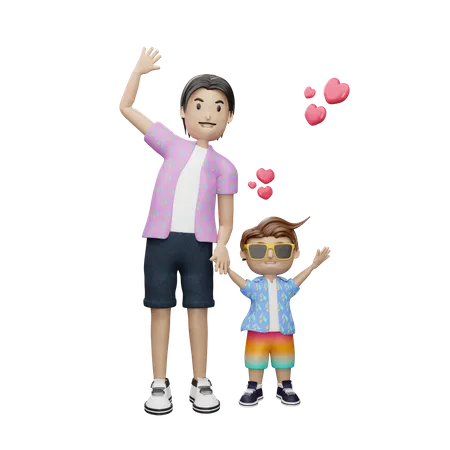 Padre e hijo agitando las manos  3D Illustration
