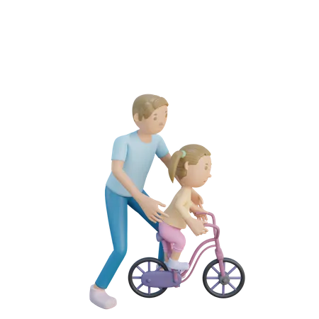 Padre enseñando ciclismo a su hija  3D Illustration