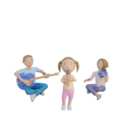 Padre mamá e hija cantan y tocan música.  3D Illustration