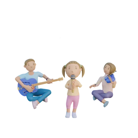 3 D Render Padre Madre E Hija Cantan Y Tocan Musica Ilustracion 3D Illustration