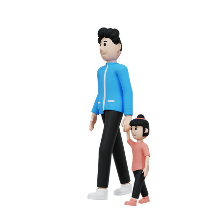 Padre y su hija caminando tomados de la mano  3D Illustration