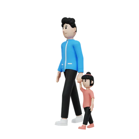 Padre y su hija caminando tomados de la mano  3D Illustration