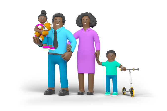Padres caminando con niños  3D Illustration