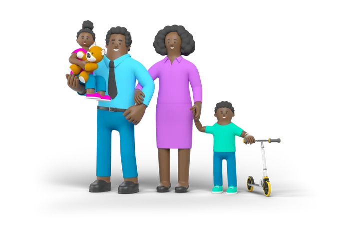 Padres caminando con niños  3D Illustration