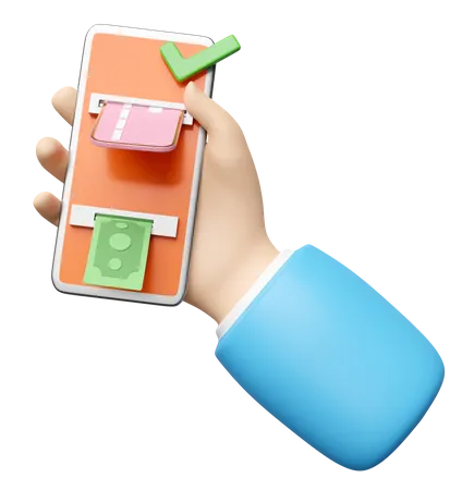 Maos De Empresario 3 D Segurando Um Telefone Celular Smartphone Com Notas Marca De Selecao Cartao De Credito Isolado Retirada De Dinheiro Conceito De Transacao De Maquina ATM 3D Icon