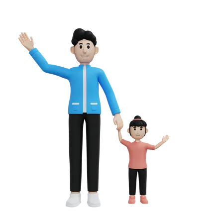 Pai e filha dizem oi  3D Illustration