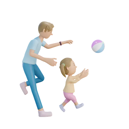 Pai e filha correndo atrás da bola  3D Illustration