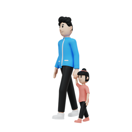 Pai e sua filha andando de mãos dadas  3D Illustration