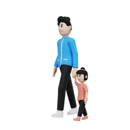 Pai e sua filha andando de mãos dadas  3D Illustration