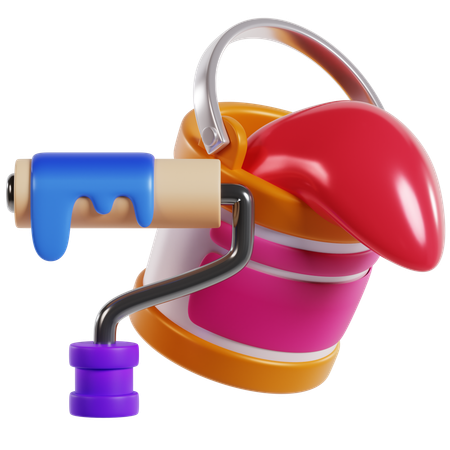 Paint Bucket And Roller Brush  3D Icon