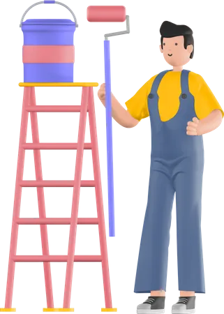 Paint man holding paint roller and bucket near ladder  3D Illustration