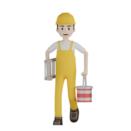Painter Carrying Paint Bucket And Ladder  3D Icon