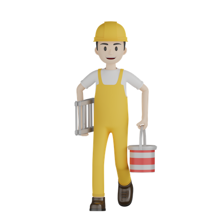 Painter Carrying Paint Bucket And Ladder  3D Illustration