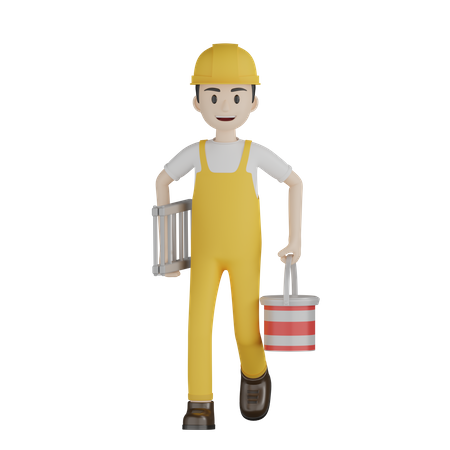 Painter Carrying Paint Bucket And Ladder 3D Illustration